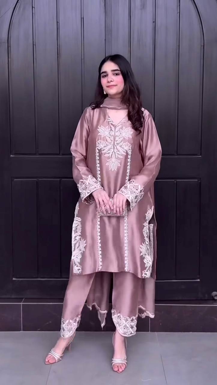 Designer Dusty Rose Satin Silk Kurta Set with Embroidery – Party Wear