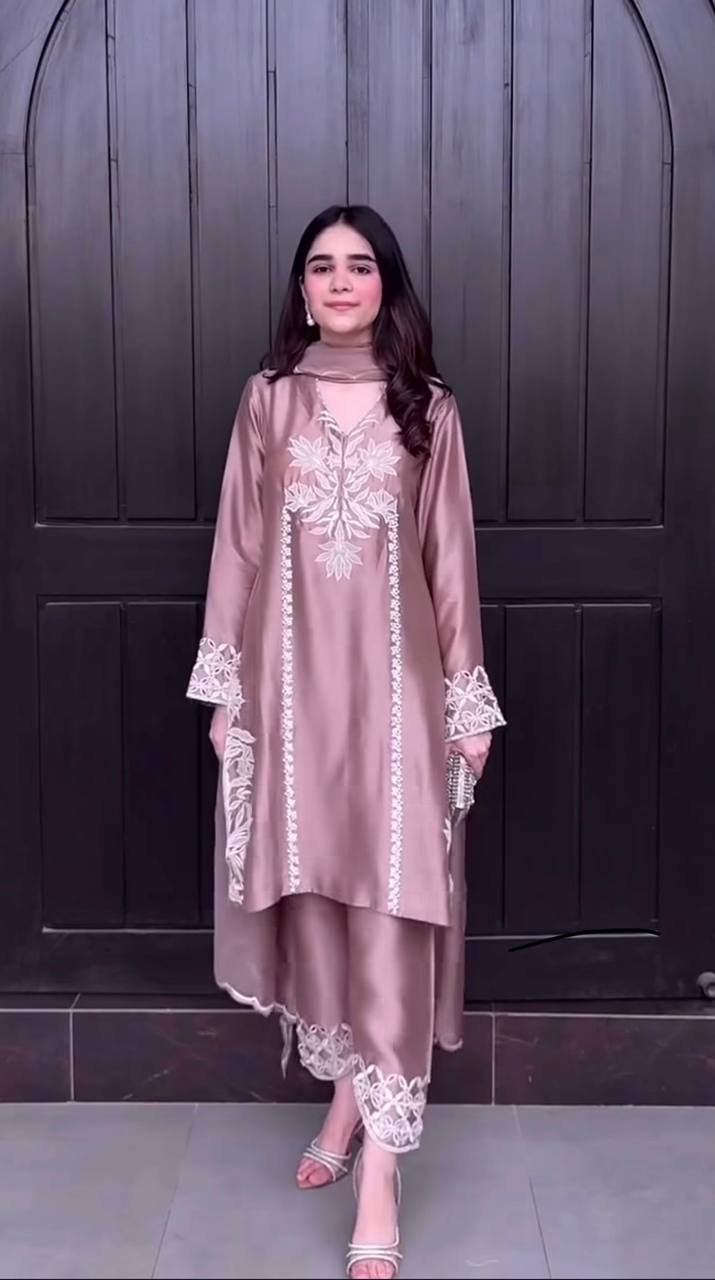 Designer Dusty Rose Satin Silk Kurta Set with Embroidery – Party Wear