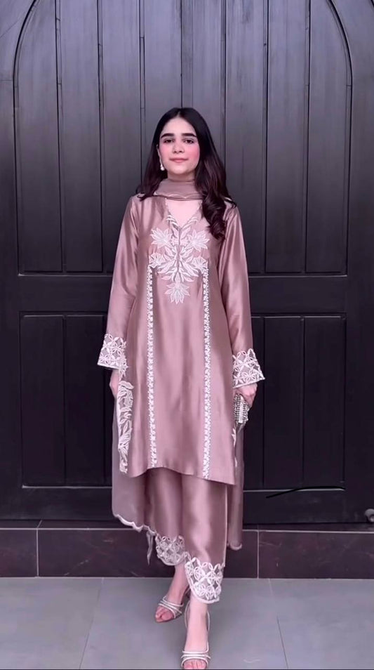 Designer Dusty Rose Satin Silk Kurta Set with Embroidery – Party Wear