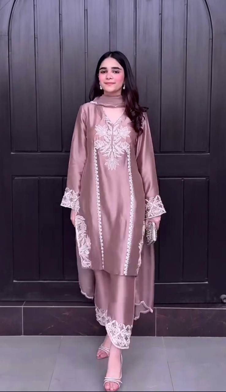 Designer Dusty Rose Satin Silk Kurta Set with Embroidery – Party Wear
