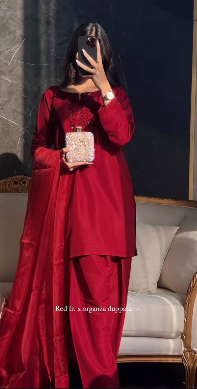 Designer Red Crepe Silk Suit with Embroidery & Farshi Salwar – Organza Dupatta | Fully Stitched Premium Set