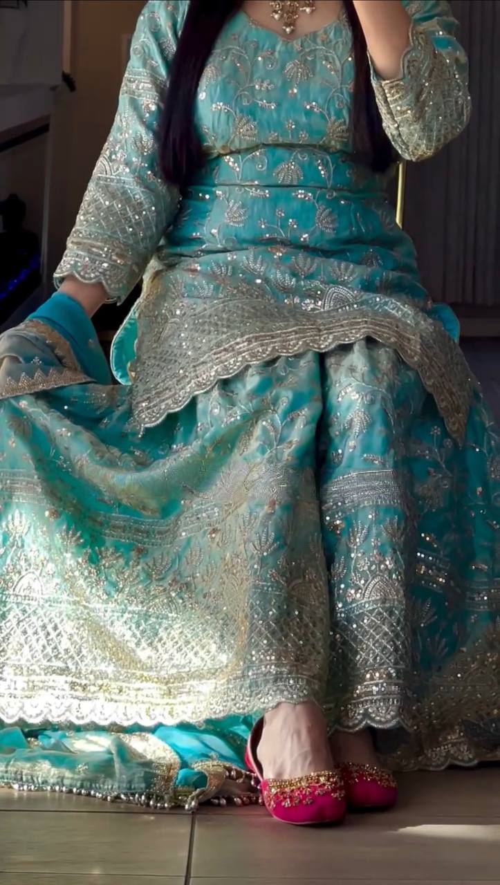 Premium Designer Fandy Crushi Silk Sharara Palazzo Set With Heavy Embroidery Work (Fully Stitched)