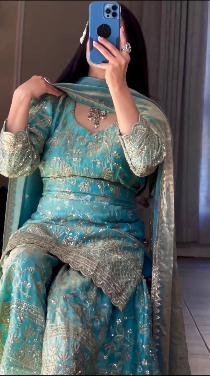 Premium Designer Fandy Crushi Silk Sharara Palazzo Set With Heavy Embroidery Work (Fully Stitched)