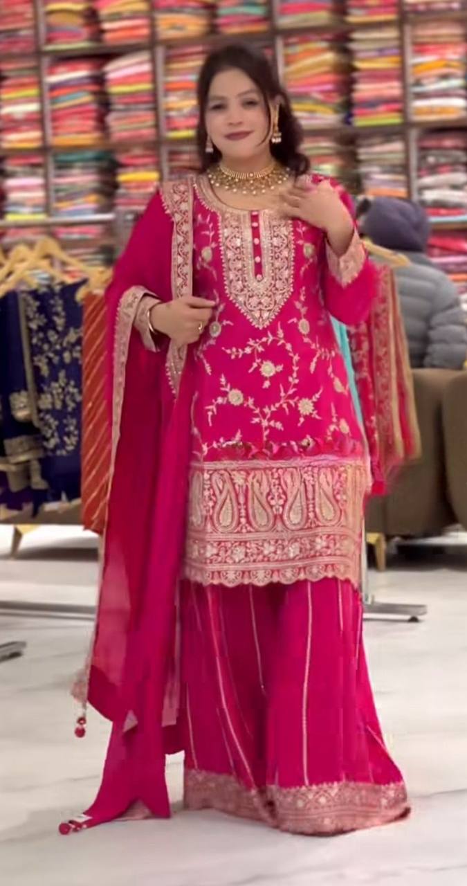 Premium Heavy Chinnon Silk Embroidered Sharara Palazzo Suit with Dupatta | Party Wear Set