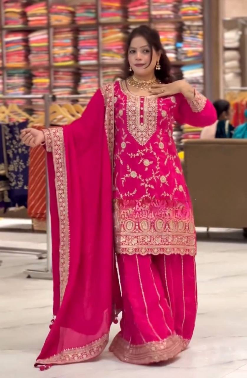 Premium Heavy Chinnon Silk Embroidered Sharara Palazzo Suit with Dupatta | Party Wear Set