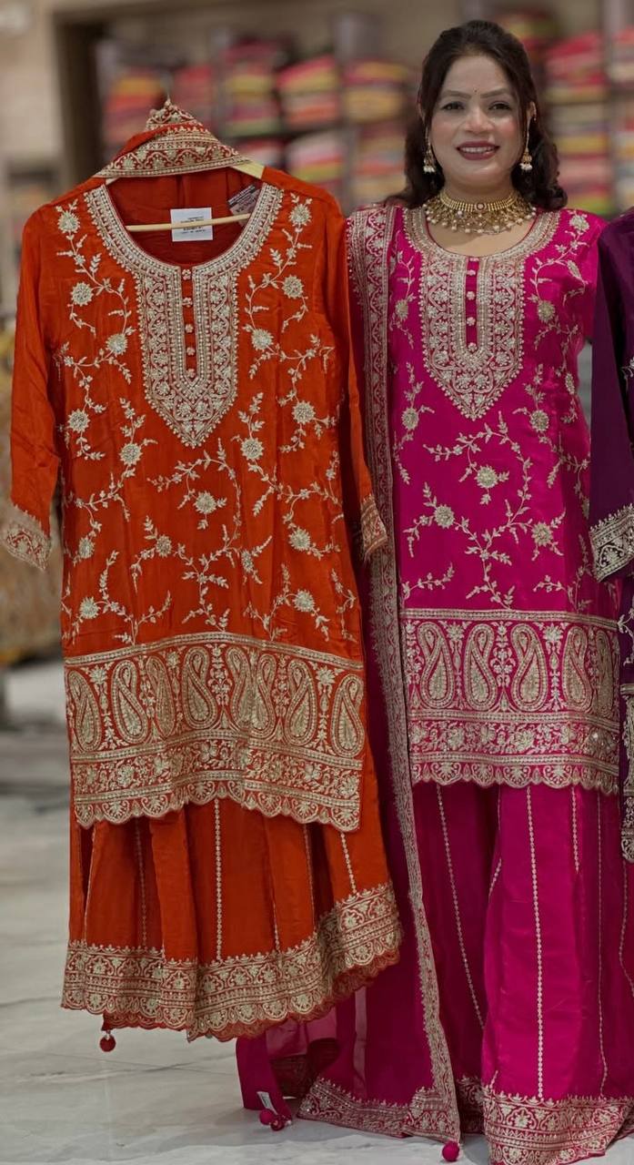 Premium Heavy Chinnon Silk Embroidered Sharara Palazzo Suit with Dupatta | Party Wear Set