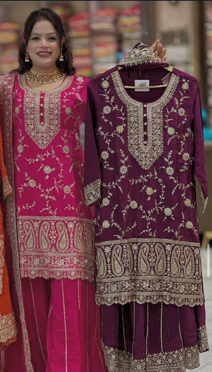 Premium Heavy Chinnon Silk Embroidered Sharara Palazzo Suit with Dupatta | Party Wear Set