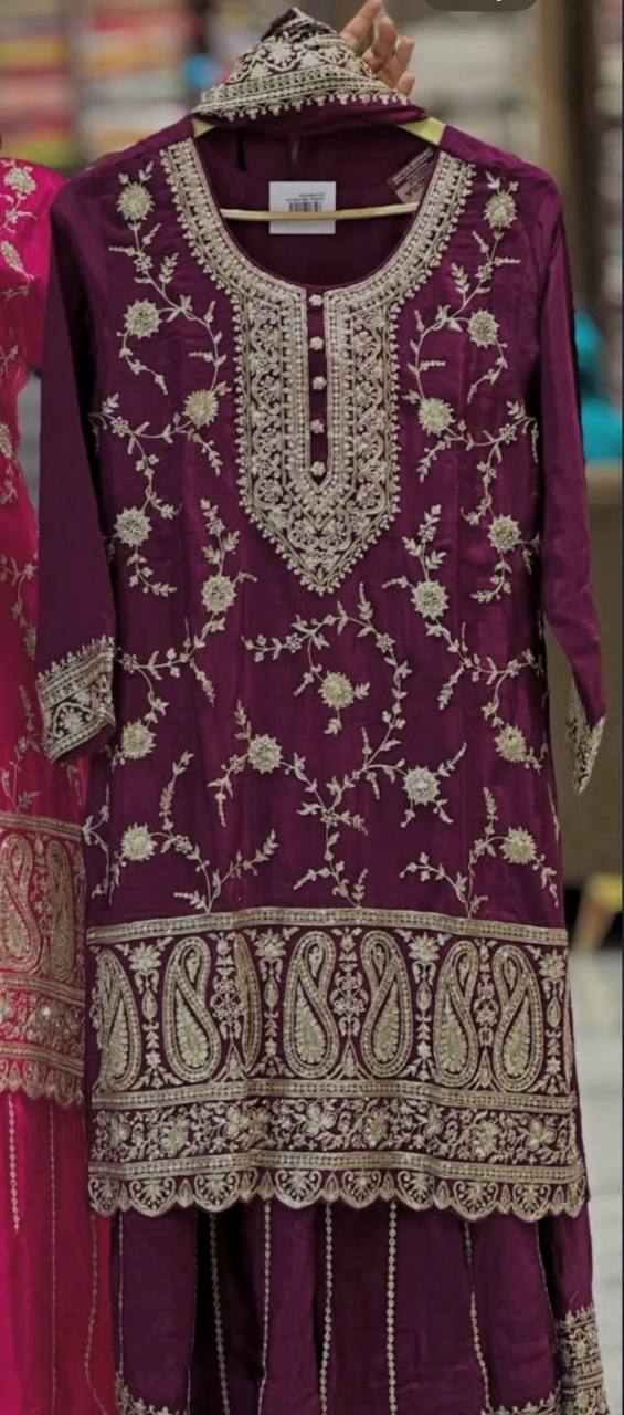 Premium Heavy Chinnon Silk Embroidered Sharara Palazzo Suit with Dupatta | Party Wear Set