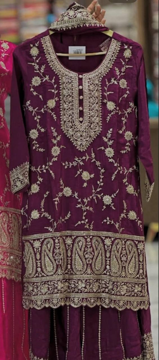 Premium Heavy Chinnon Silk Embroidered Sharara Palazzo Suit with Dupatta | Party Wear Set