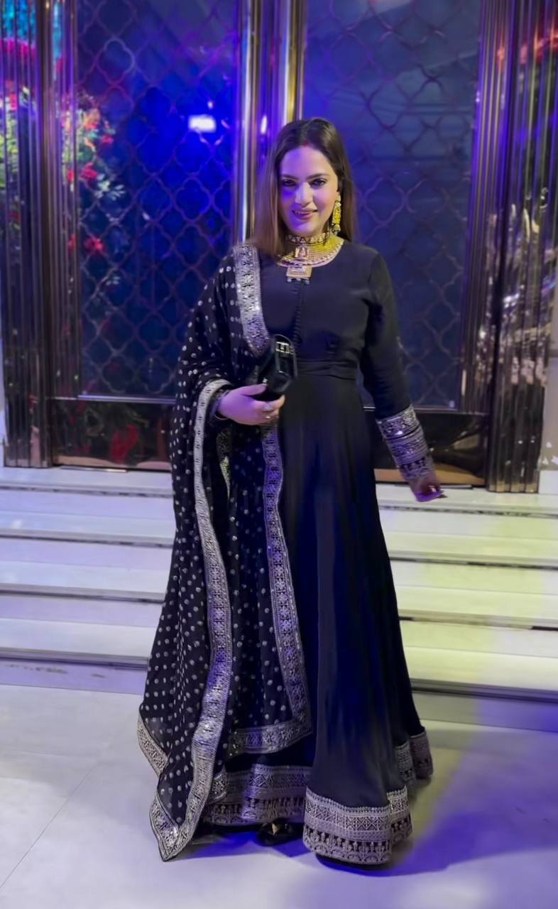 Designer Party Wear Natural Crepe Gown with Dupatta – Heavy 5mm Sequence & Embroidery Work
