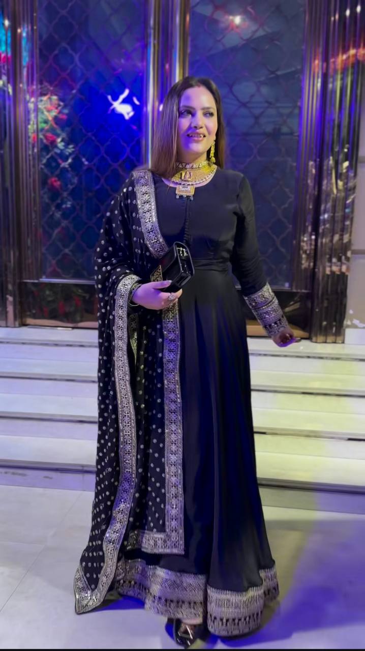 Designer Party Wear Natural Crepe Gown with Dupatta – Heavy 5mm Sequence & Embroidery Work