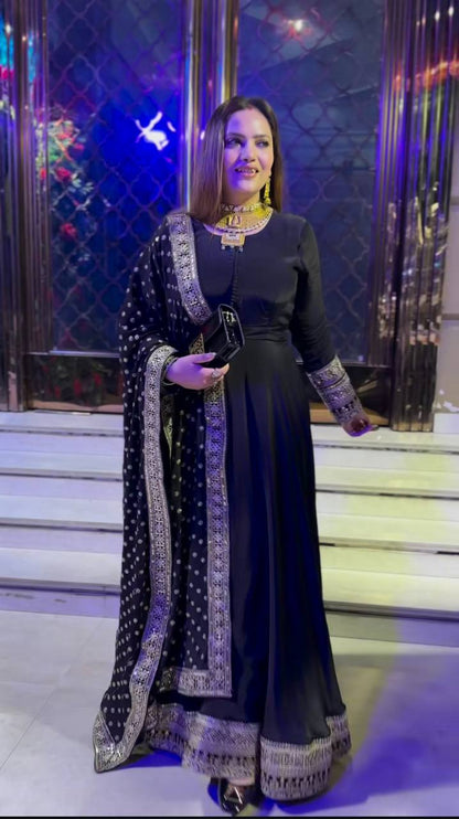 Designer Party Wear Natural Crepe Gown with Dupatta – Heavy 5mm Sequence & Embroidery Work