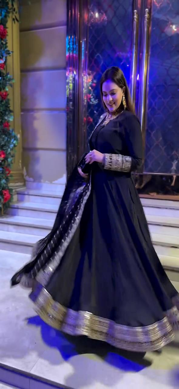 Designer Party Wear Natural Crepe Gown with Dupatta – Heavy 5mm Sequence & Embroidery Work