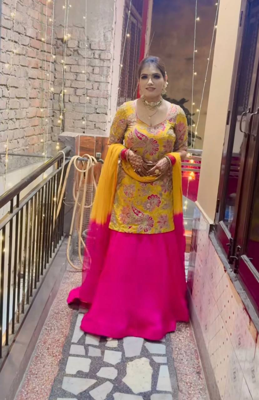 Designer Yellow Crepe Silk Embroidered Top with Pink Malay Silk Lehenga & Digital Dupatta – Fully Stitched Premium Set