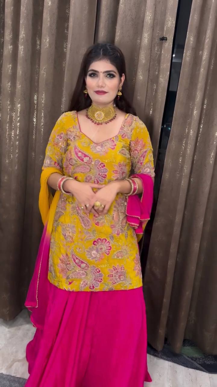 Designer Yellow Crepe Silk Embroidered Top with Pink Malay Silk Lehenga & Digital Dupatta – Fully Stitched Premium Set