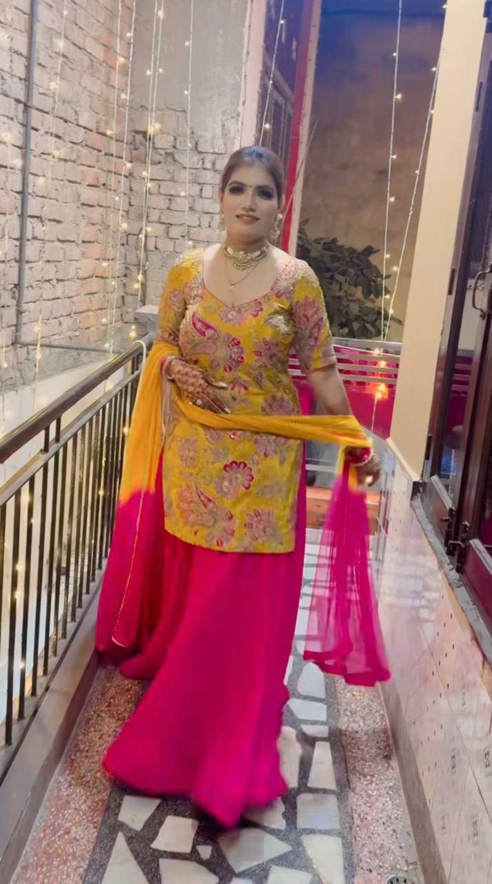 Designer Yellow Crepe Silk Embroidered Top with Pink Malay Silk Lehenga & Digital Dupatta – Fully Stitched Premium Set