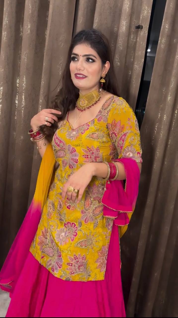 Designer Yellow Crepe Silk Embroidered Top with Pink Malay Silk Lehenga & Digital Dupatta – Fully Stitched Premium Set