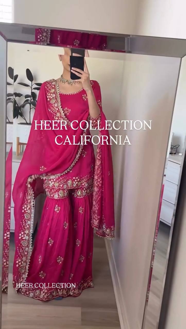 Premium Heavy Faux Georgette Embroidered Top–Sharara Set With Dupatta – Fully Stitched