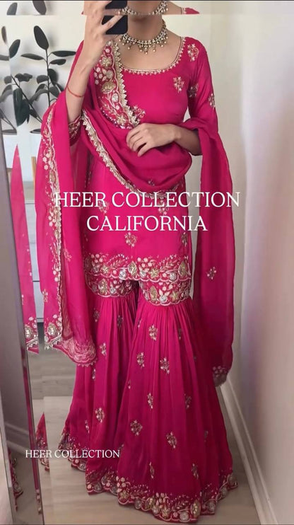 Premium Heavy Faux Georgette Embroidered Top–Sharara Set With Dupatta – Fully Stitched
