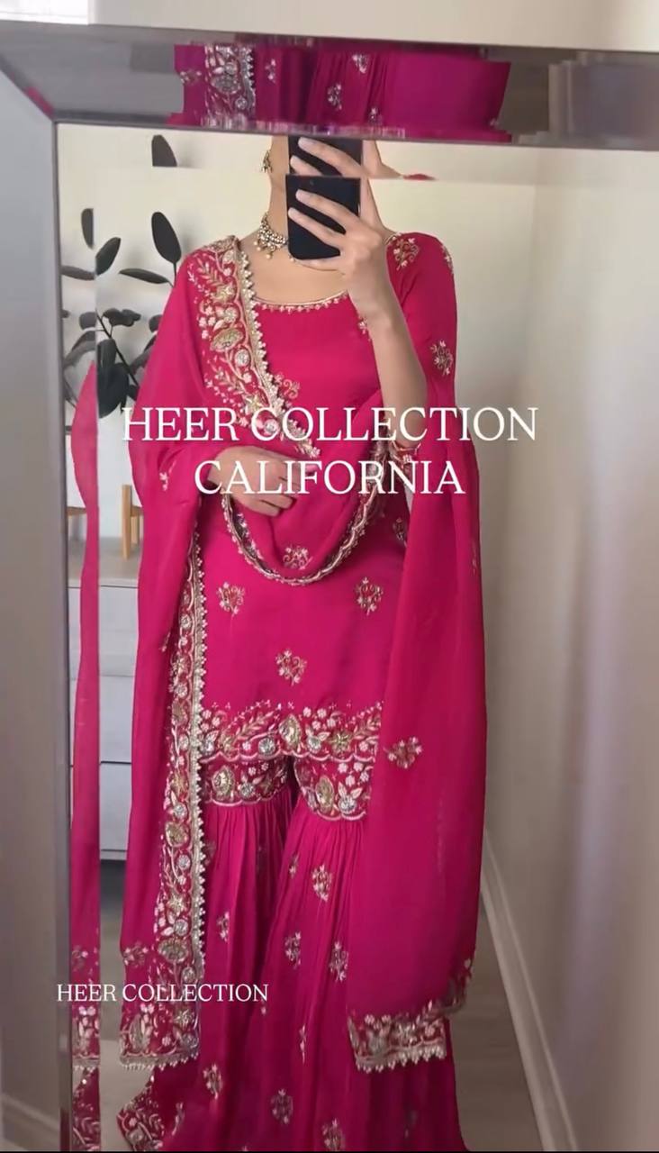 Premium Heavy Faux Georgette Embroidered Top–Sharara Set With Dupatta – Fully Stitched