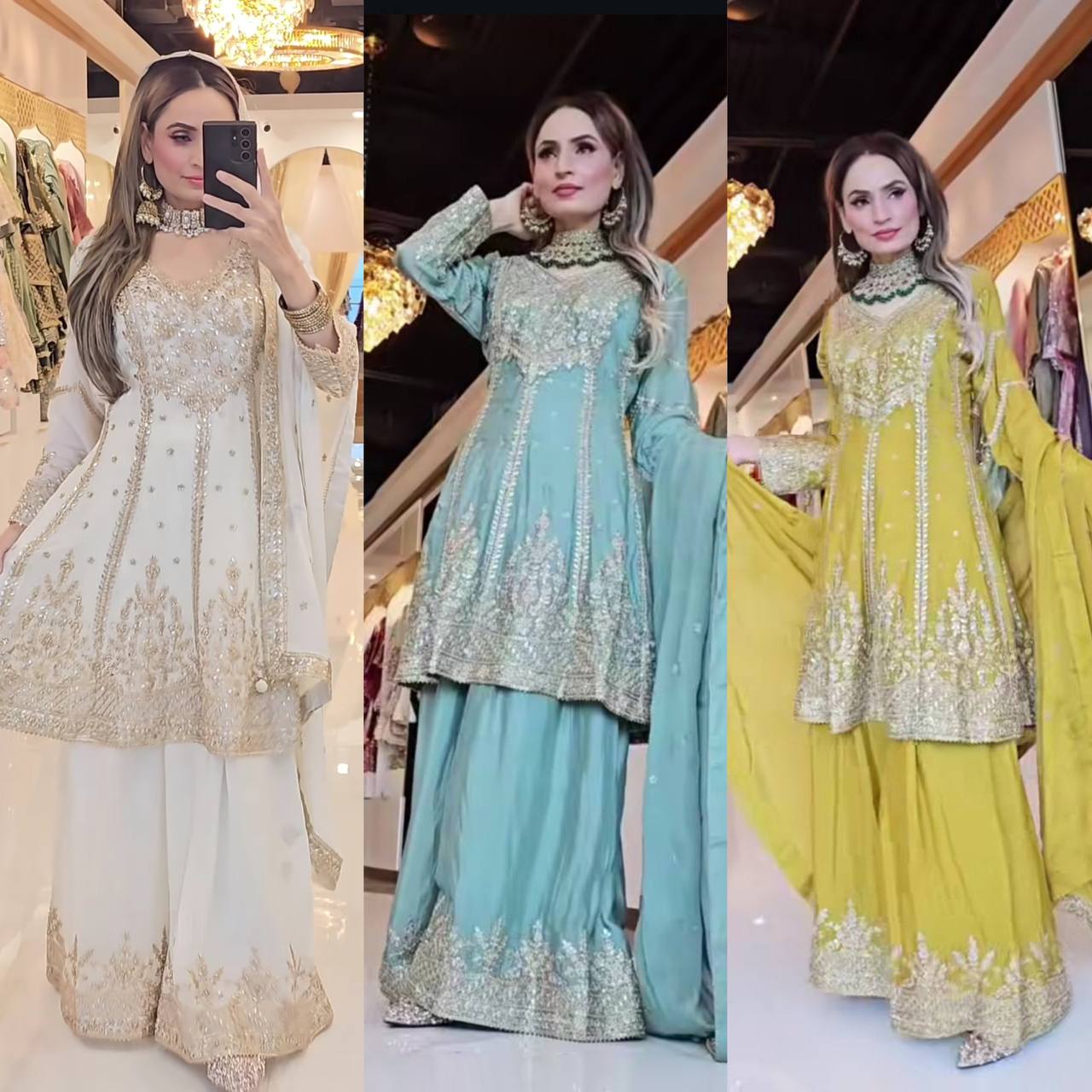 Designer Party Wear Heavy Chinon Silk Top with Sharara Palazzo & Dupatta – Heavy Embroidery Sequence Work