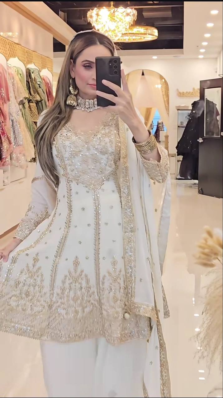 Designer Party Wear Heavy Chinon Silk Top with Sharara Palazzo & Dupatta – Heavy Embroidery Sequence Work