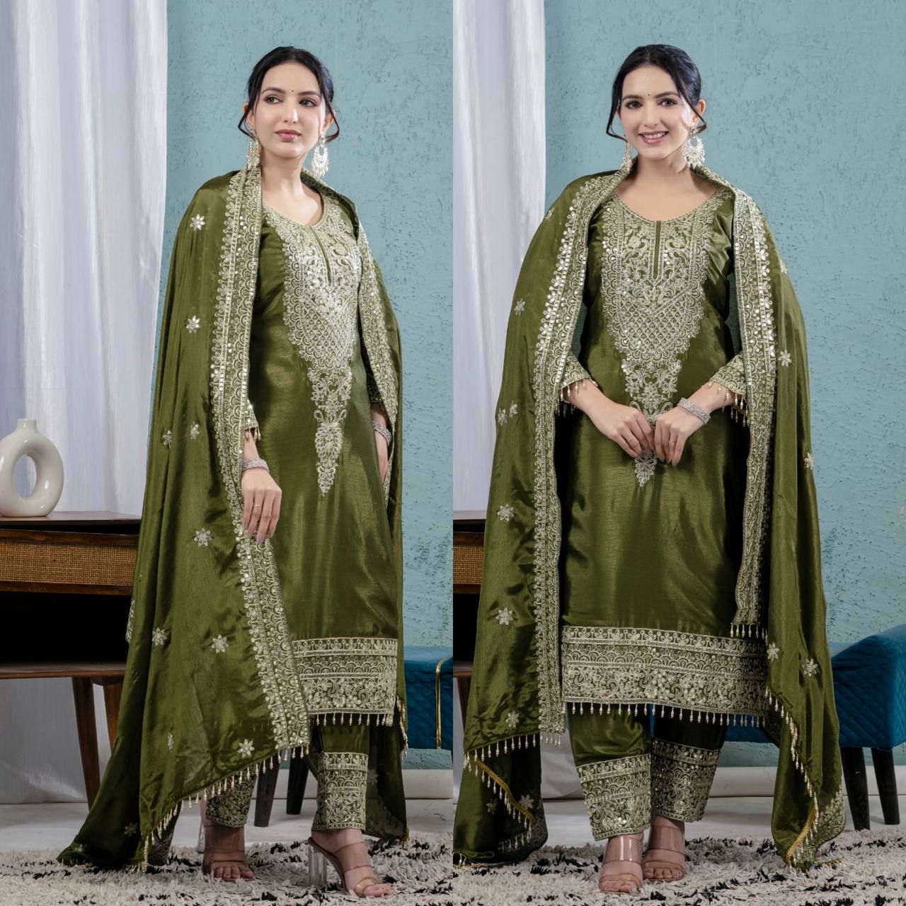 Premium Chinnon Silk Embroidered Suit Set with Pant & Dupatta – Party Wear Collection