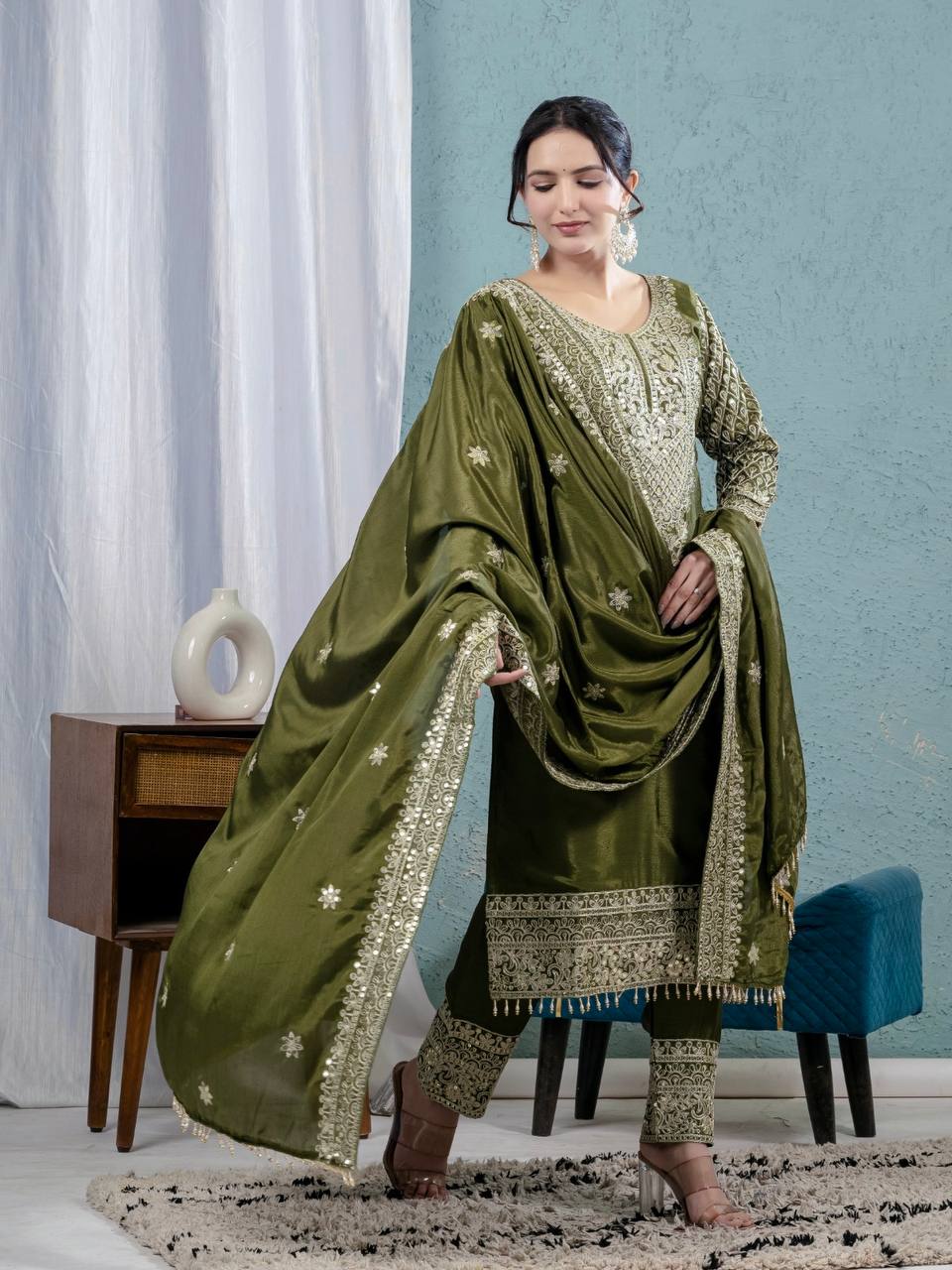 Premium Chinnon Silk Embroidered Suit Set with Pant & Dupatta – Party Wear Collection