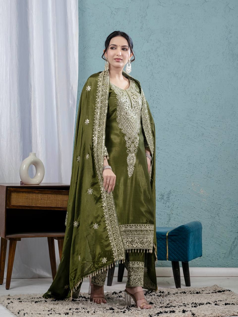 Premium Chinnon Silk Embroidered Suit Set with Pant & Dupatta – Party Wear Collection