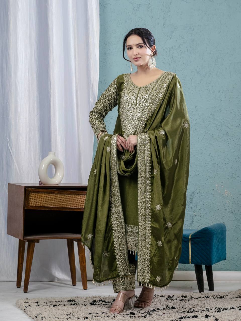 Premium Chinnon Silk Embroidered Suit Set with Pant & Dupatta – Party Wear Collection