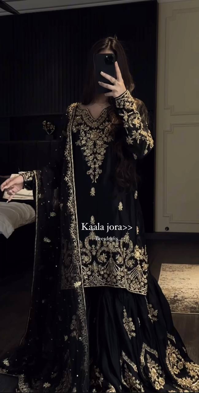 Heavy Natural Crepe Sharara Suit With Faux Georgette Dupatta – Premium Embroidered Party Wear