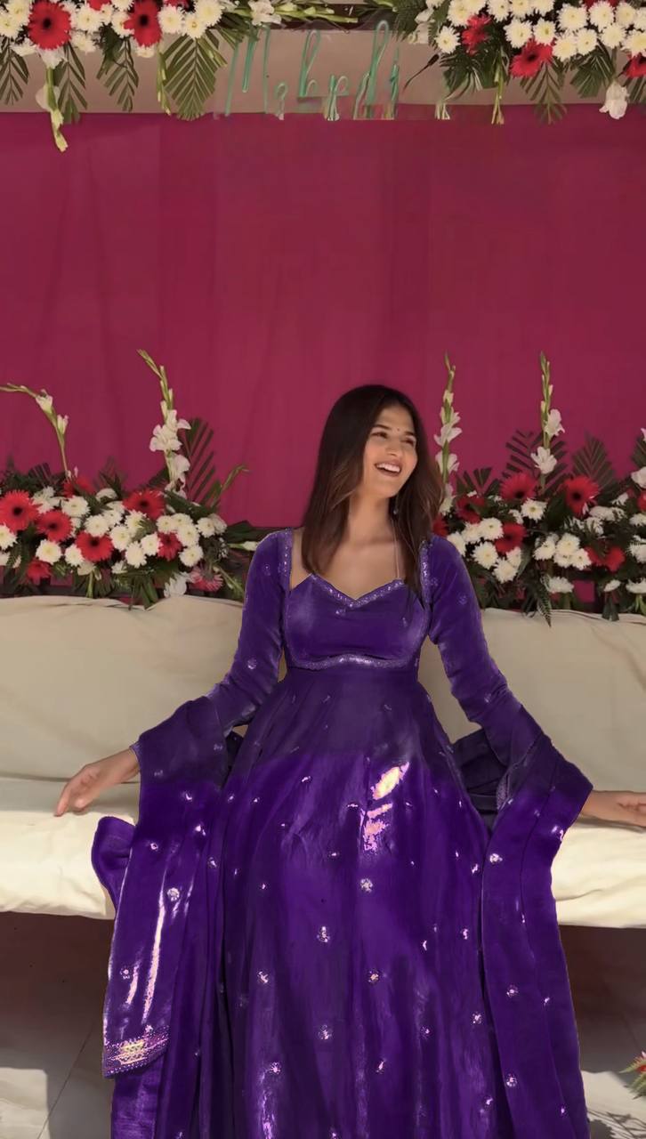 Premium Fendy Silk Anarkali Suit Set with Sequence Work & Dupatta