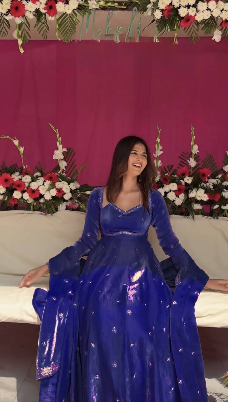 Premium Fendy Silk Anarkali Suit Set with Sequence Work & Dupatta