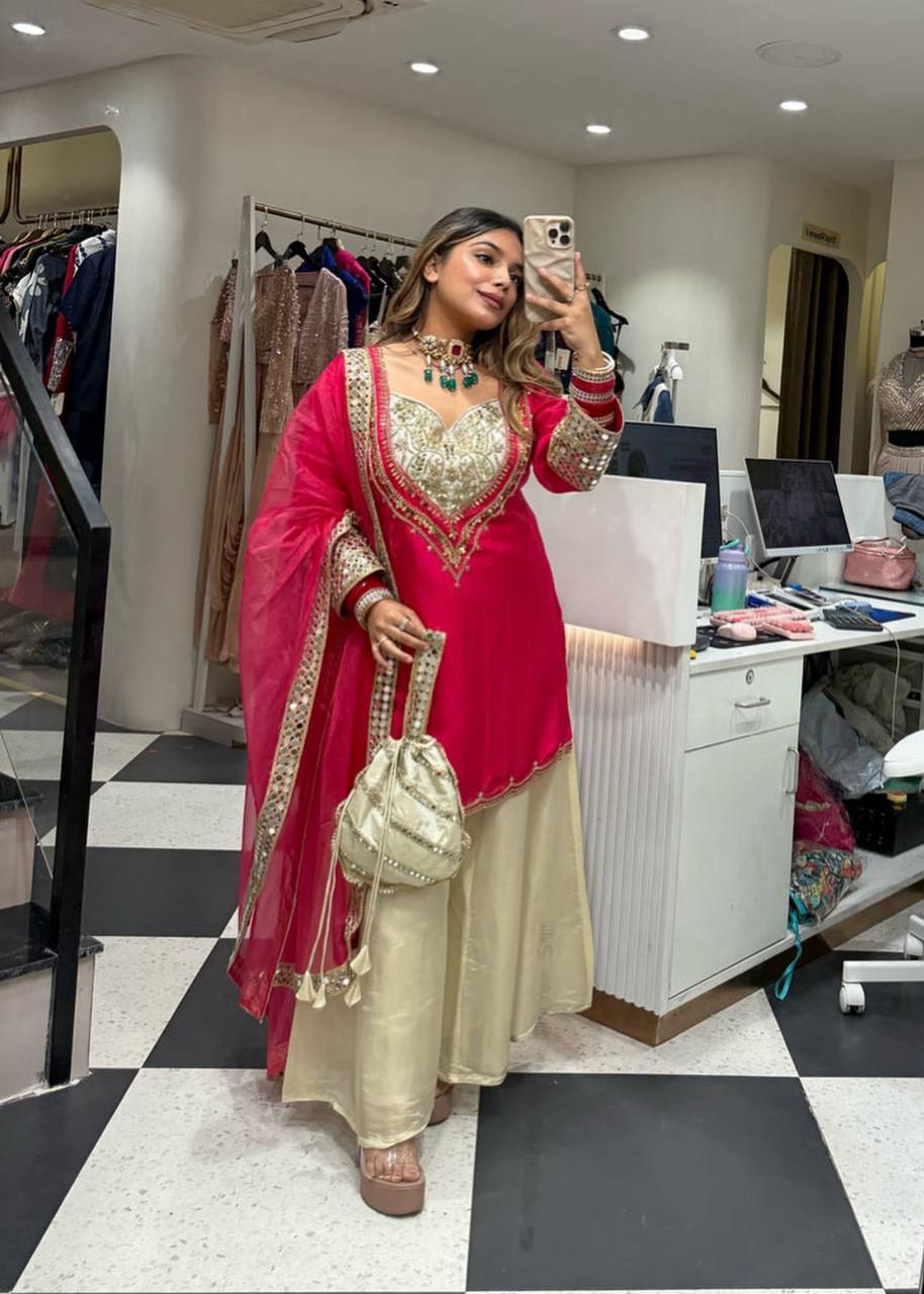 Designer Natural Crepe Mirror Handwork Palazzo Suit with Dupatta | Party Wear Set