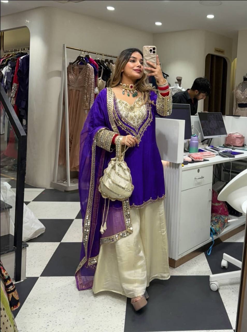 Designer Natural Crepe Mirror Handwork Palazzo Suit with Dupatta | Party Wear Set