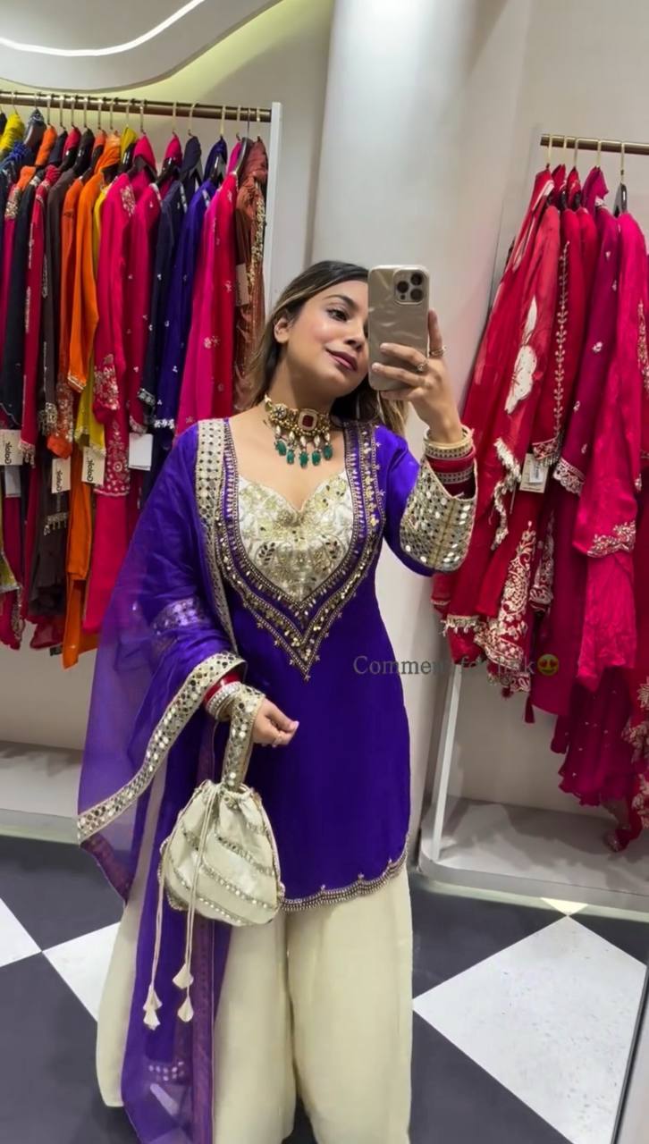 Designer Natural Crepe Mirror Handwork Palazzo Suit with Dupatta | Party Wear Set