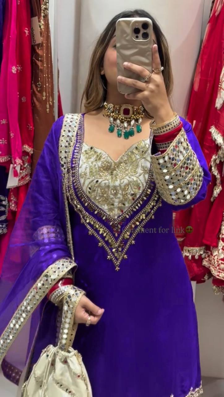 Designer Natural Crepe Mirror Handwork Palazzo Suit with Dupatta | Party Wear Set