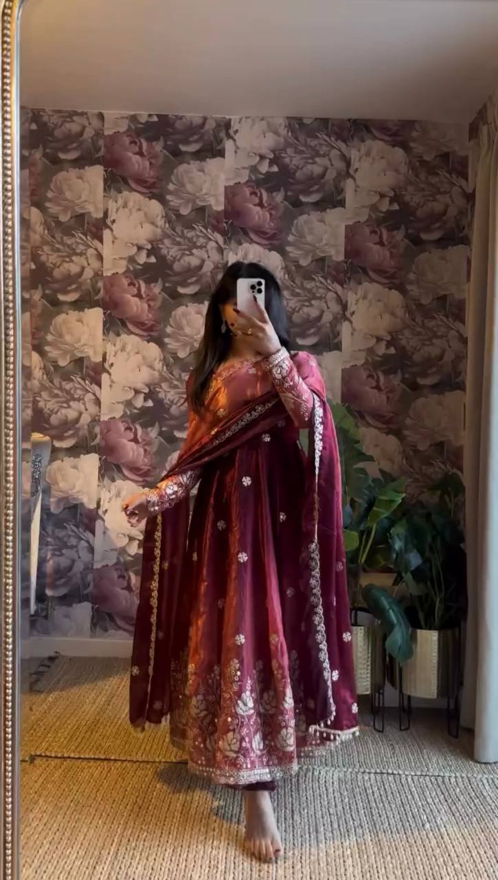 Premium Chinon Silk Anarkali Set with Pant & Dupatta – Fully Stitched
