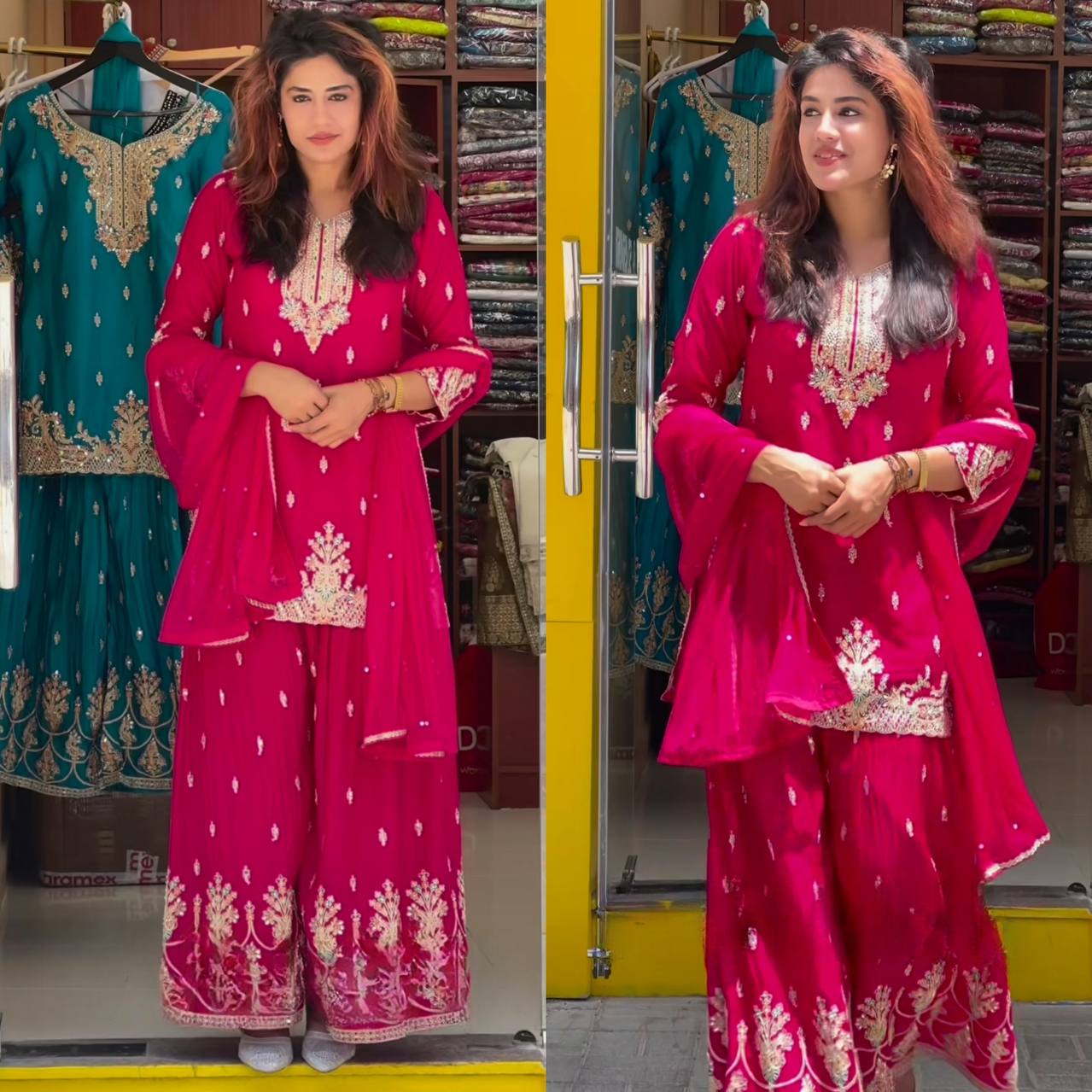 Designer Party Wear Heavy Chinon Silk Kurti Top with Sharara Palazzo & Dupatta – Sequence Embroidery Set+