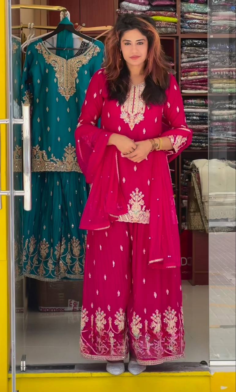 Designer Party Wear Heavy Chinon Silk Kurti Top with Sharara Palazzo & Dupatta – Sequence Embroidery Set+