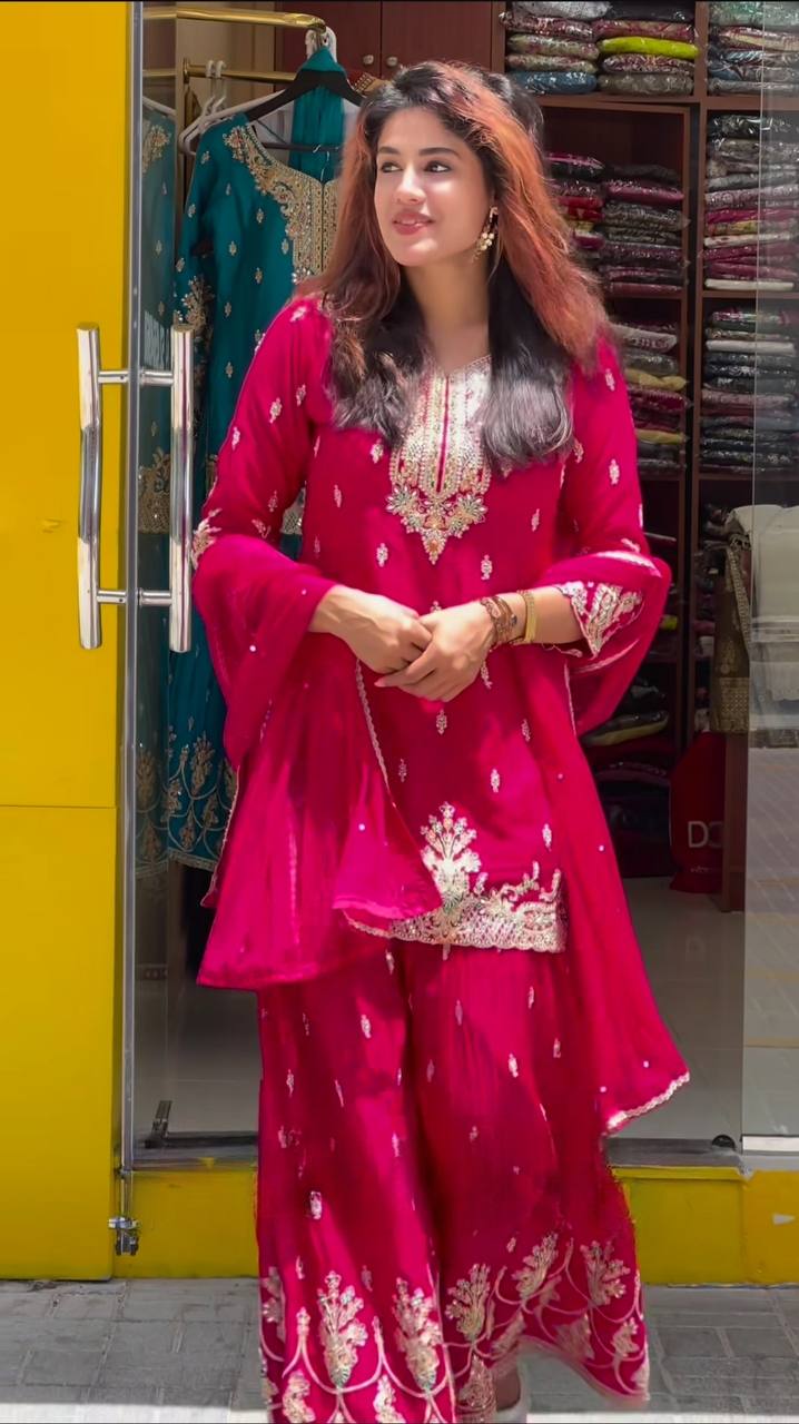 Designer Party Wear Heavy Chinon Silk Kurti Top with Sharara Palazzo & Dupatta – Sequence Embroidery Set+