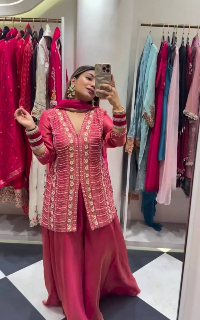 Designer Simar Silk Embroidered Palazzo Suit with Dupatta | Party Wear Set