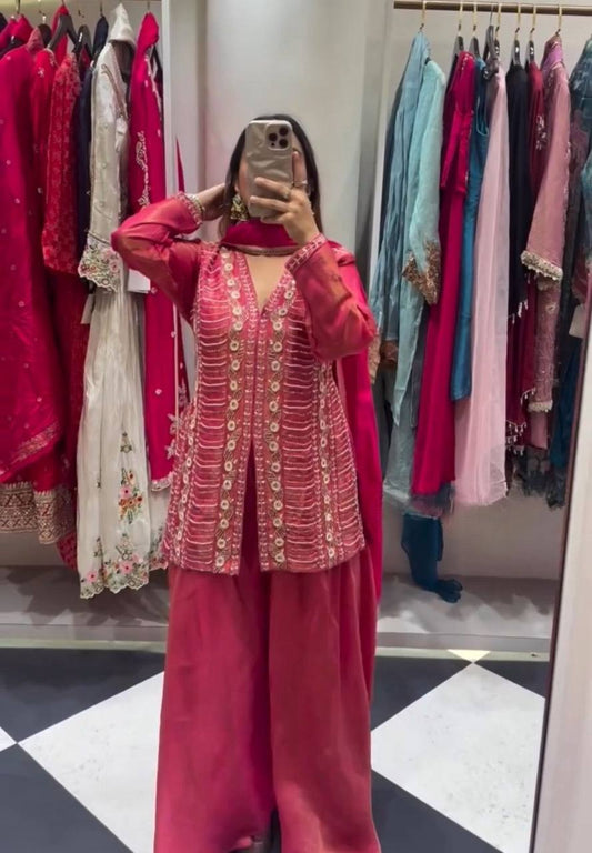 Designer Simar Silk Embroidered Palazzo Suit with Dupatta | Party Wear Set