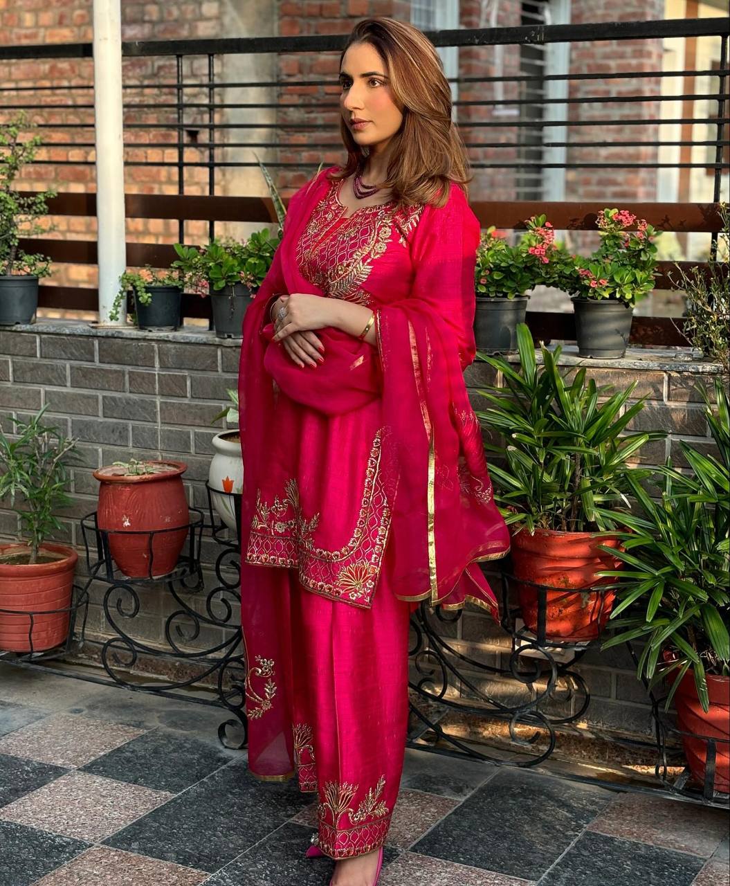 Designer Pure Chinnon Silk Embroidered Pink Suit Set with Organza Dupatta – Premium Party Wear for Women