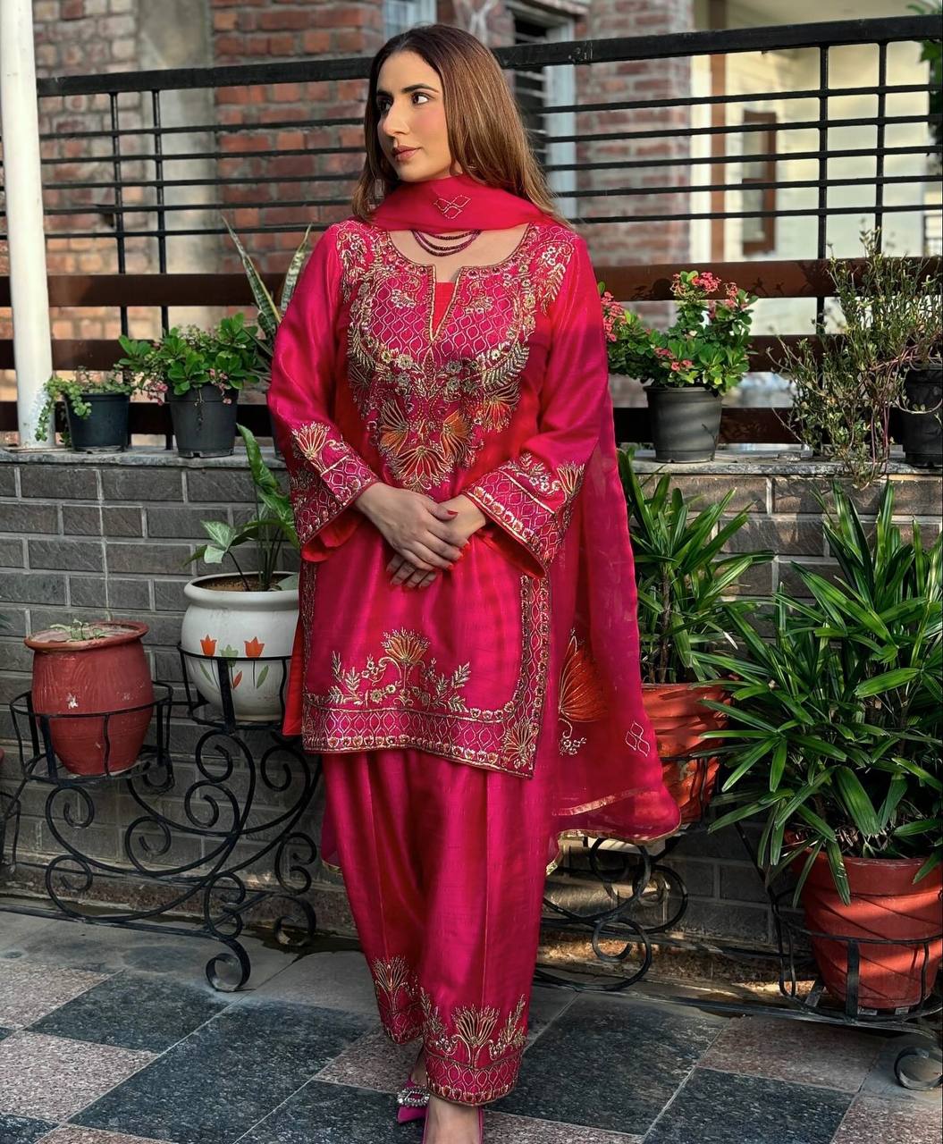Designer Pure Chinnon Silk Embroidered Pink Suit Set with Organza Dupatta – Premium Party Wear for Women