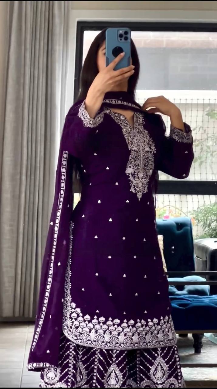 Designer Heavy Chinnon Silk Embroidered Sharara Plazo Set with Dupatta