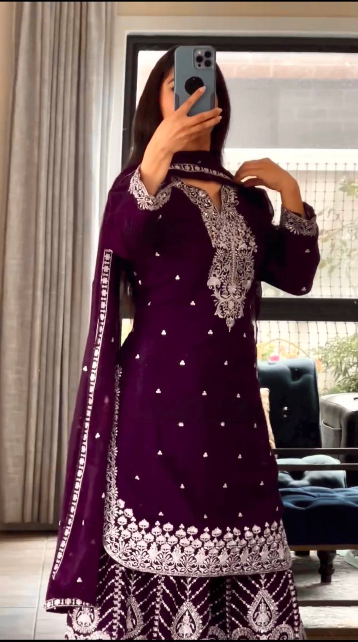 Designer Heavy Chinnon Silk Embroidered Sharara Plazo Set with Dupatta