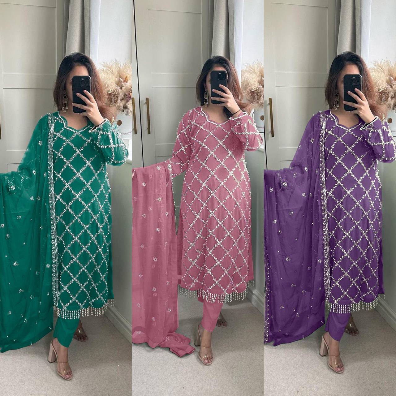 Designer Faux Georgette Heavy Sequence Embroidered Suit with Dupatta – 11 Colors | Party Wear Set