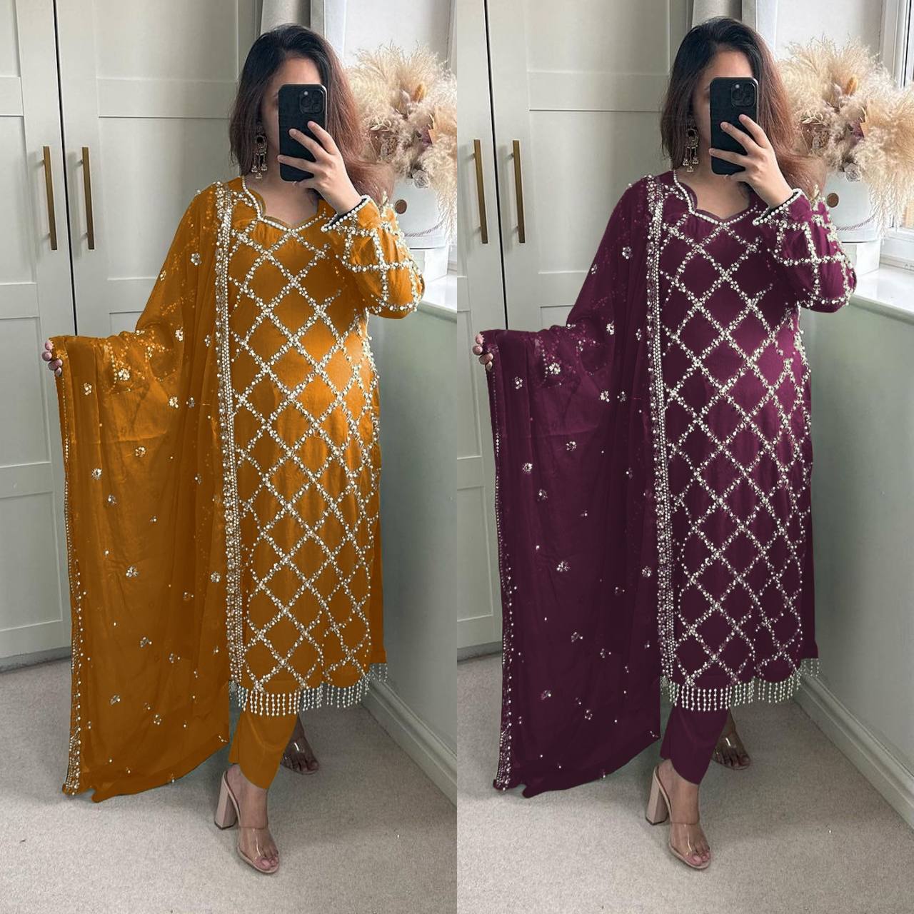 Designer Faux Georgette Heavy Sequence Embroidered Suit with Dupatta – 11 Colors | Party Wear Set