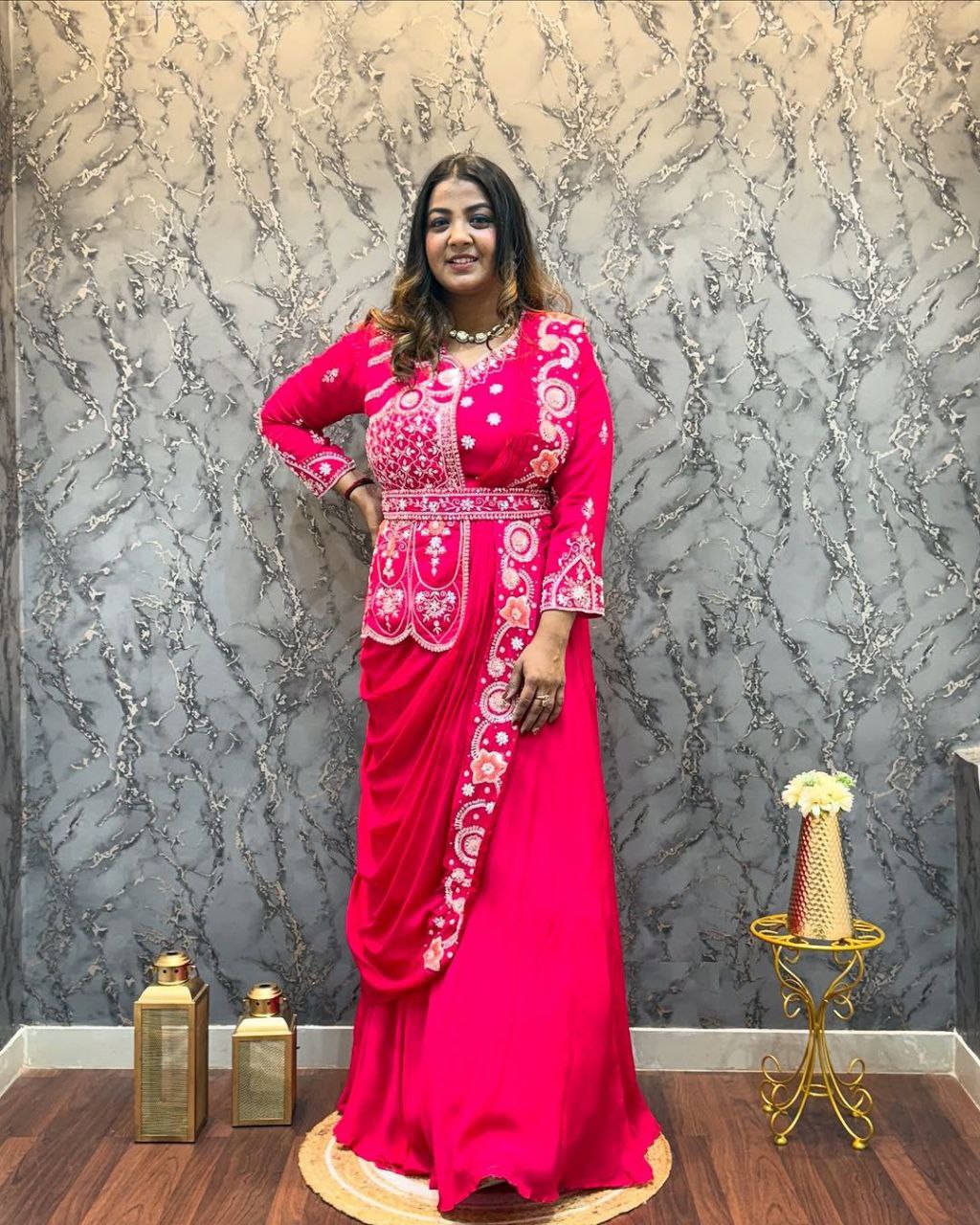 Embroidered Ready-to-Wear Gown Saree with Belt | Party & Wedding Collection